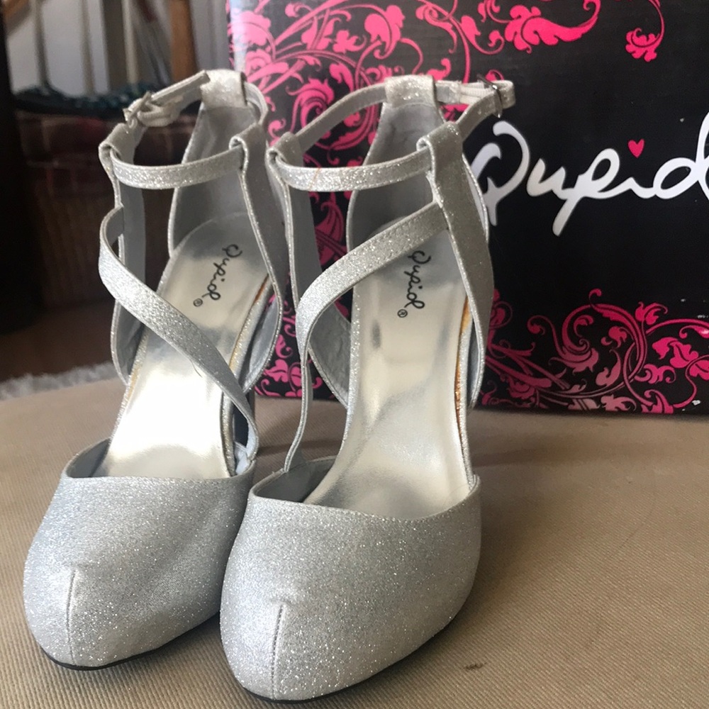 Silver shimmery heels.